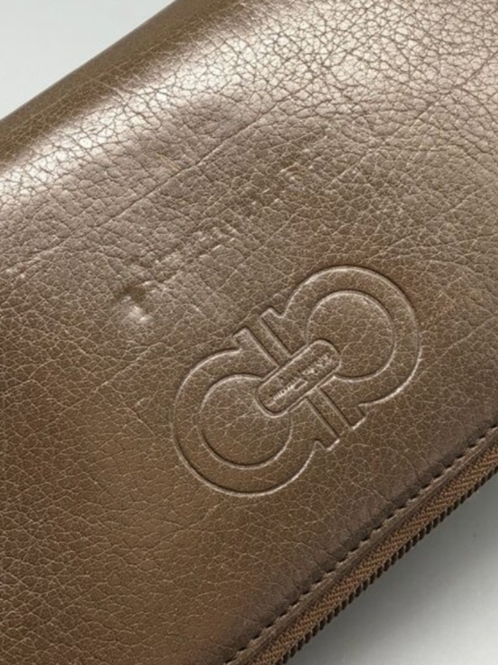 Salvatore Ferragamo Taupe Metallic Gancini Leather Zip Long Wallet Bag Authentic